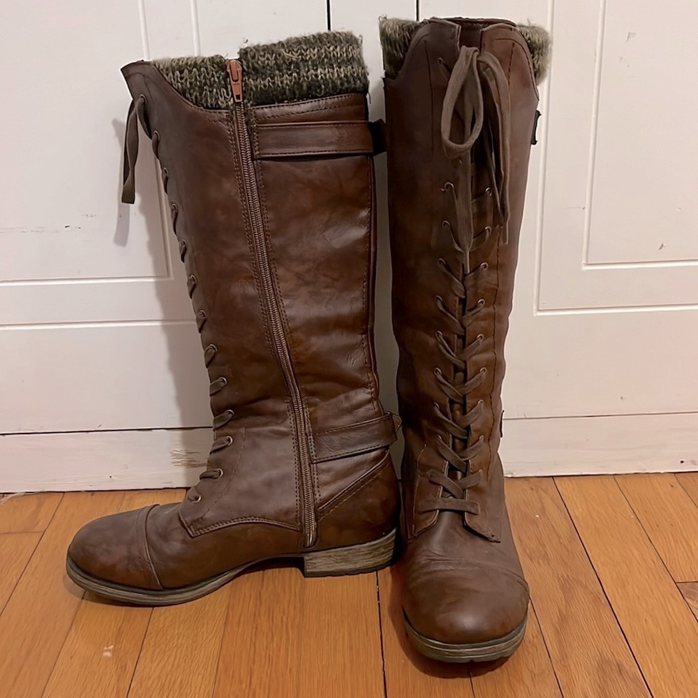 Brown lace up, sweater cuff, side zip boots
